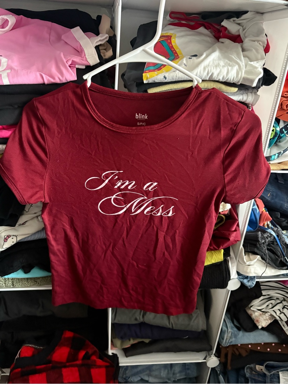 Women's Burgundy Short Sleeve Tee with "I'm a Mess" Script